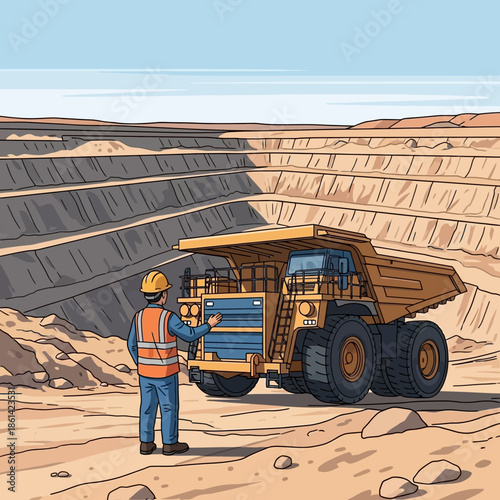 Heavy Duty Mining Truck and Worker in Open Pit Mine.