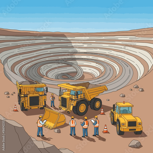 Heavy Machinery and Workers in a Mining Operation.