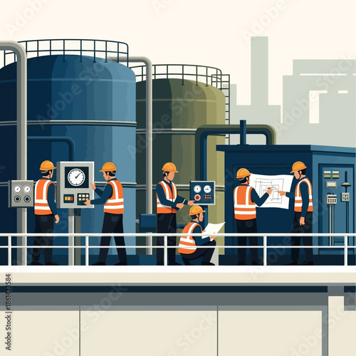 Industrial workers in safety vests and hard hats collaborating at a plant.