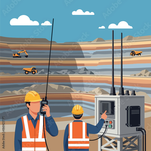 Miners communicating using radio and control panel at a mining site.