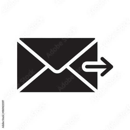 Envelope with outgoing mail icon in simple flat design with black and white color scheme on white background for digital communication
