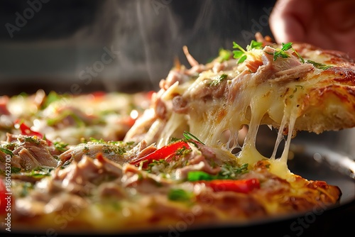 A close-up of a hand lifting a colorful tuna pizza slice with melted cheese on a dark plate in a rustic dining setting. Ideal for cooking websites and culinary promotions.