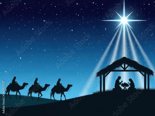 Three wise men following the star of bethlehem to the nativity scene