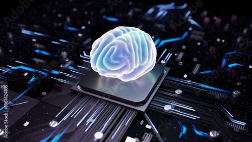 A glowing 3D brain hovers over a computer chip on a dark circuit board with blue neon lights, symbolizing future artificial intelligence technology.