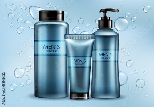 Premium men's skincare product collection with blue bottles tubes and fresh water droplets.