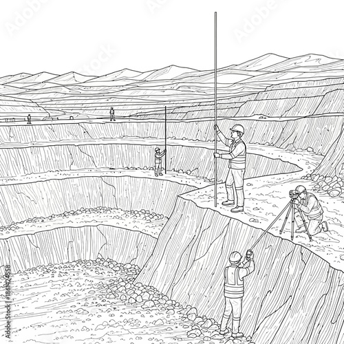 Surveyors use equipment to measure a large open-pit mine.