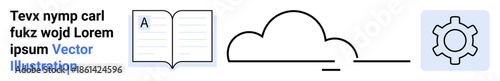 Open book with text, cloud, and gear icon representing learning, networking, innovation, and technology development. Ideal for education, digital transformation, networking creativity automation