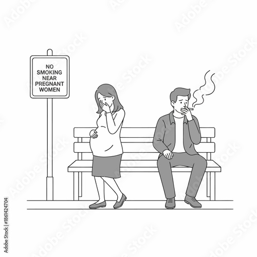 Public health illustration Pregnant woman's discomfort from secondhand smoke. Man ignores 'no smoking' sign, highlighting risks for expectant mothers and unborn babies