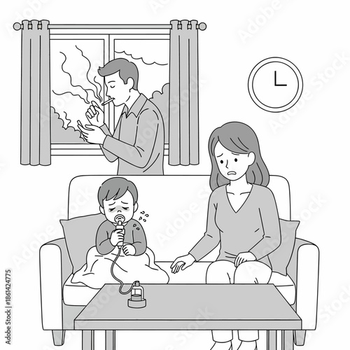 The profound health implications of passive smoking a child suffers respiratory illness from a father's indoor habit, observed by a concerned mother