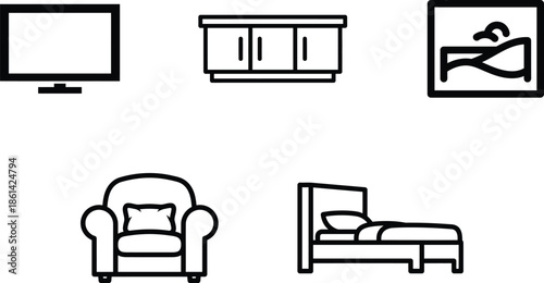 black and white line drawing of furniture and appliances in a room  home decor icons
