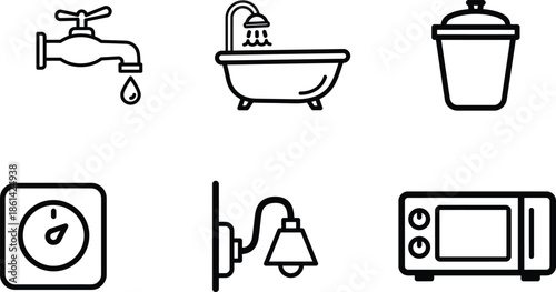 black and white line icons of bathroom and kitchen appliances and fixtures