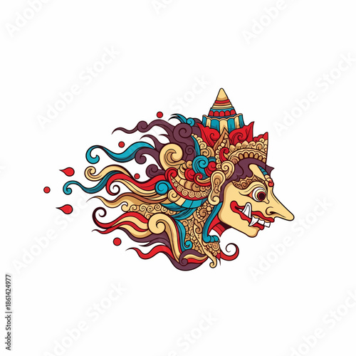 Ornate vector illustration of a stylized mythological Indonesian spirit mask head in profile, featuring vibrant colors and dynamic swirling decorative elements.
