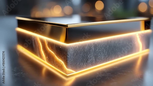 Futuristic Black Gold Marble Pedestal with Glowing Lines