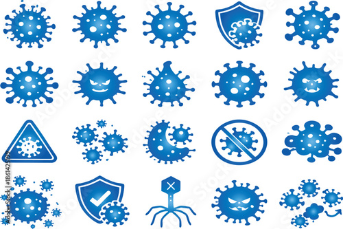 A collection of various blue virus and bacteria icons including warning signs and shields isolated on transparent background high-quality professional