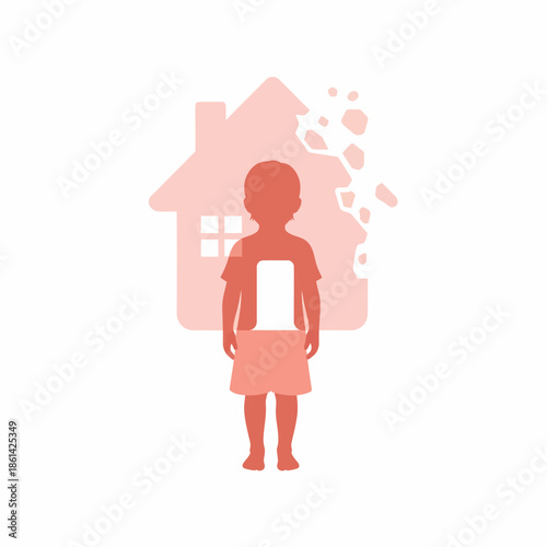 Simplified silhouette of a child overlaying a disintegrating house, symbolizing vulnerability, insecurity, trauma, neglect, or social issues related to home instability.