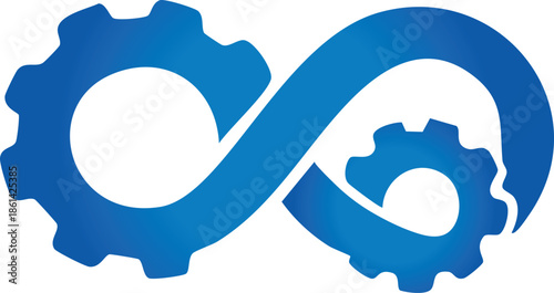 Blue infinity symbol, formed by interlocking mechanical gears, representing continuous engineering, development, and integrated operations, embodying endless efficiency