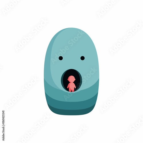 A cartoon illustration depicting a small pink human figure standing inside the large open mouth of a surprised, egg-shaped blue monster or creature, symbolizing inner child or self-discovery.