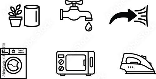 Household appliances and home icons including washing machine microwave iron