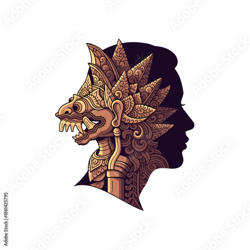 Ornate golden mythological creature mask in traditional Balinese style overlaid on a dark female human profile silhouette, rendered as a highly detailed vector illustration.