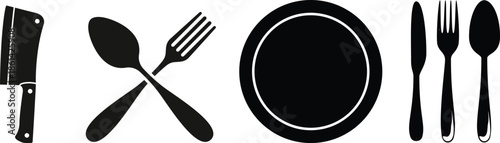 spoon and fork SET , A black silhouette of a fork and knife crossed on a white background on white background , no background.Meat cutting knives of butcher meat knives vector. Restaurant or cafe