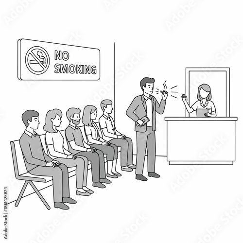 Man smoking an e-cigarette near a reception desk with a No Smoking sign, ignoring the rule while other people wait in the office waiting room, vector illustration.