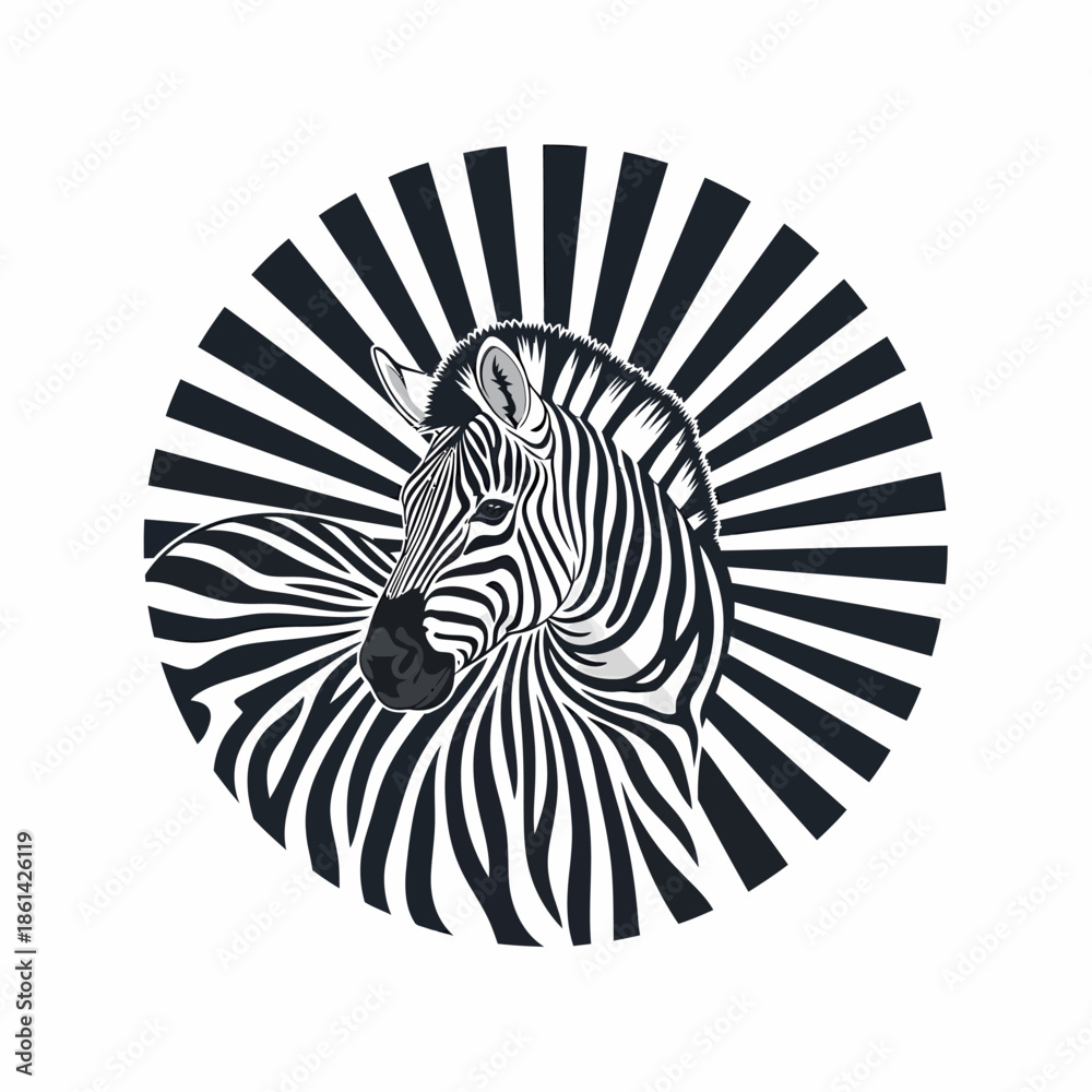 Fototapeta premium Stylized black and white vector illustration of a zebra head framed by radiating sunburst stripes on a circular background.