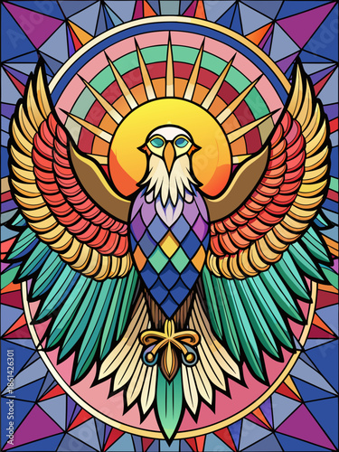 owl and moon, full body, stained glass style, rainbow color, vector, tattoo, pattern, illustration, design, skull, art, tribal, flower, ornament, decoration, face, mask, black, halloween, head, heart,