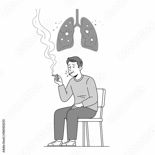 A monochrome vector illustration depicting a seated man smoking a cigarette, with damaged lungs floating above his head, symbolizing the harmful health effects and risks of tobacco addiction.