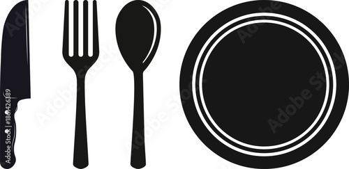 spoon and fork SET , A black silhouette of a fork and knife crossed on a white background on white background , no background.Meat cutting knives of butcher meat knives vector. Restaurant or cafe