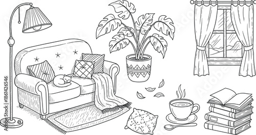 Cozy living room scene doodle elements on white background sofa couch
