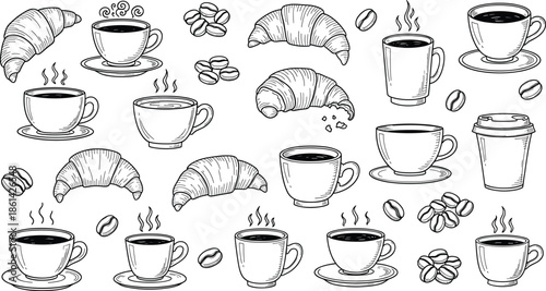 Coffee and croissant doodle elements on white background coffee cup coffee beans
