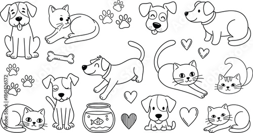 Cute Hand Drawn Doodle Animals and Hearts Collection puppy kitten