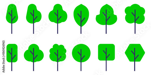Diverse Tree Icons Set  Flat Minimalist Vector Illustrations