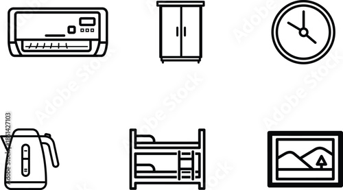 line drawing of household objects and furniture  air conditioner  clock  cabinet  kettle  bed  picture
