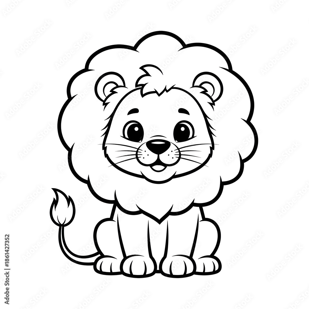 Obraz premium Cute Lion with Fluffy Mane Line Drawing, Coloring Page