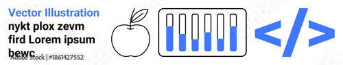 Hand-drawn apple outline, bar graph with blue data bars, and coding brackets emphasize digital concept themes. Ideal for coding, data, education, design, tech content, analysis simple landing page