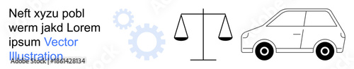 Legal processes, automotive regulation, industrial mechanics, balance, transportation, machine design. Scales, gears and a car outline in minimal style. Balance and automotive regulation concepts