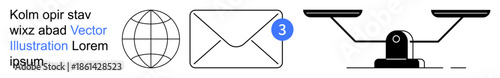 Communication, internet connectivity, justice, notifications, digital messages, global analysis. Globe icon, envelope with notification badge and balance scale. Communication and justice concept