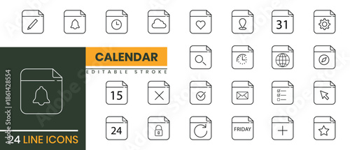 Calendar line icons set with event reminder and schedule notification symbols for mobile apps