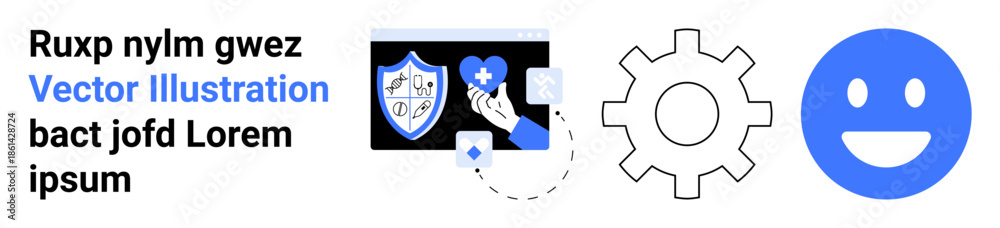 Fototapeta premium Cybersecurity, healthcare services, user interaction, system settings, technology, online protection. a shield with a cross, gears and a happy icon. Cybersecurity and healthcare services concepts