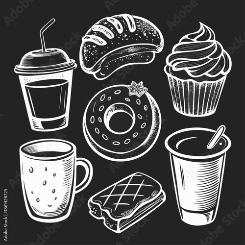 Chalkboard-style hand-drawn vector illustrations of coffee tea pastries and sweet bakery treats on a black background.