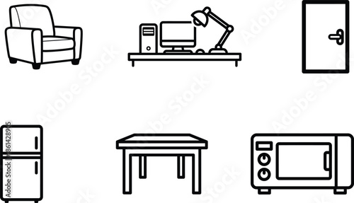 line drawing of various household furniture and appliances