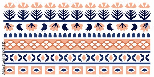 Repeating geometric pattern with birds and stylized botanical elements