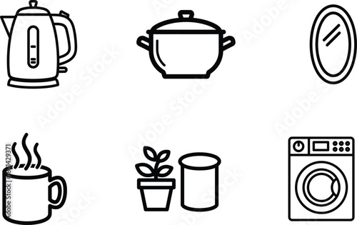 Line icons of household items and appliances in black and white