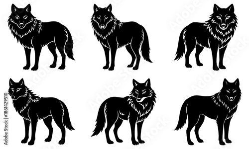 Five black and white wolf silhouettes with detailed fur patterns on a transparent background wolves