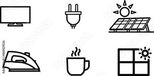 line icons of television computer iron cup solar panel and window with sun