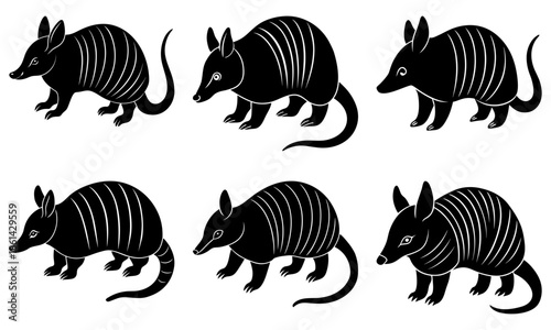 Six Black and White Armadillo Silhouettes on White Background animal 1