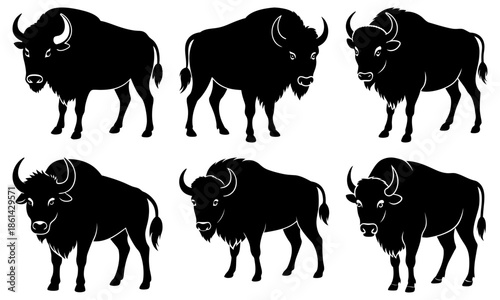 Six Black and White Bison Silhouettes on White Background buffalo animal