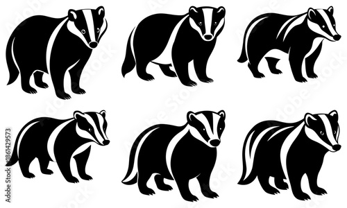 Six black and white badger silhouettes on a transparent background animal