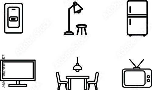 line style household furniture and appliances icons set